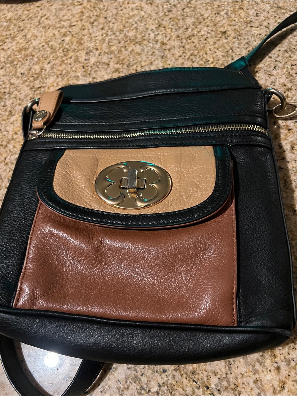 Emma Fox Black, Tan & Brown Leather Crossbody Bag - Turnlock Front Pocket